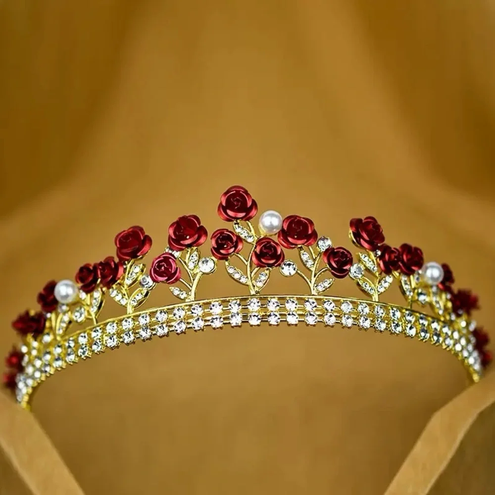 Gold Red Rose Crystal Tiara - Women Accessories